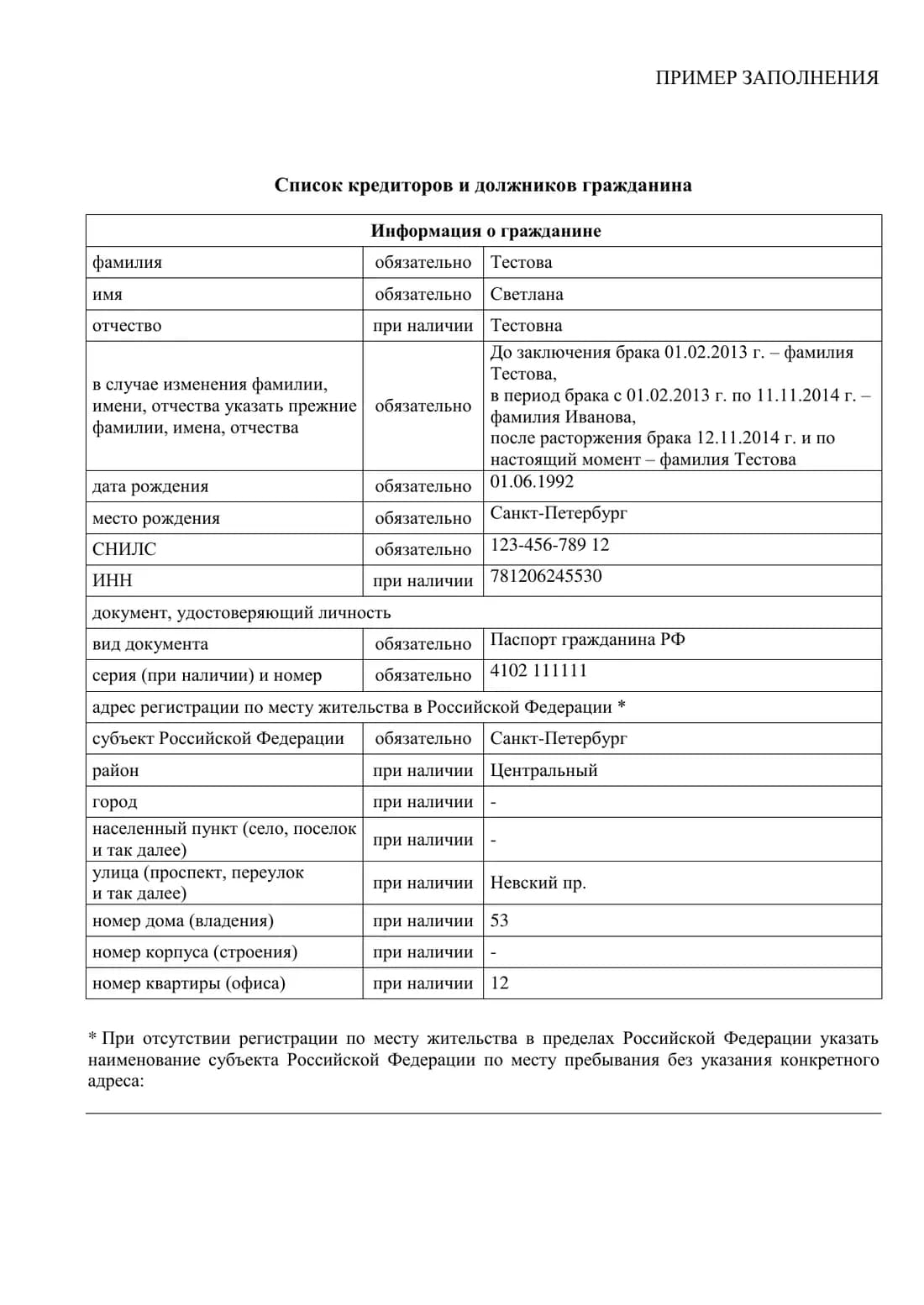Образец заполнения списка кредиторов для банкротства через МФЦ: стр. 1 — информация о гражданине